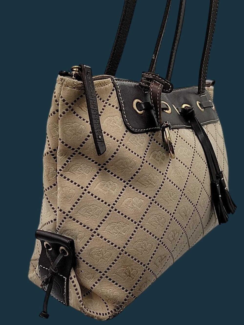 Vintage Dooney & Bourke Signature Tassel Tote Bag Jacquard Monogram Satchel - Picture 6 of 16